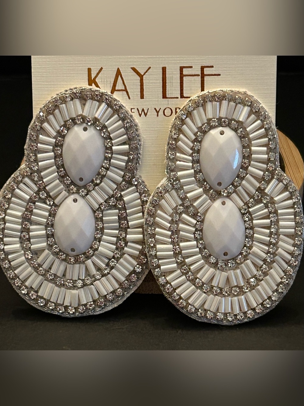 Kay Lee White Hand Beaded in India Statement Drop Stud Earrings with Crystals